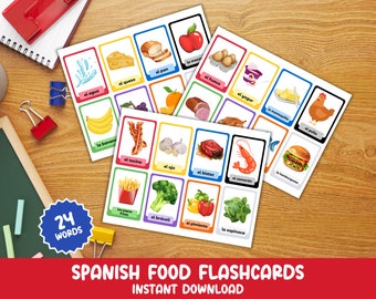 Printable Spanish and English Food Flash Card, Comida Tarjetas Para Niños, Bilingual Montessori Food Flashcards, Spanish Flashcards for Kids