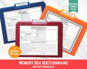 Puede incluir: Cinco diseños imprimibles de cuestionarios para caja de recuerdos para jardín de infantes, primer y segundo grado. Cada diseño incluye secciones para "Acerca de mí", "Mis favoritos" y "Recuerdos de este año".