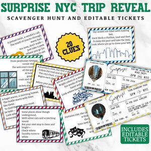 Revelação de viagem surpresa para caça ao tesouro em Nova York, ingresso personalizado para Nova York, cartão de embarque editável, dicas para caça ao tesouro em viagem de carro
