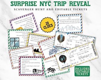 Surprise Trip Reveal to New York City Scavenger Hunt, NYC Personalized Ticket, Editable Boarding Pass, Road Trip Reveal Treasure Hunt Clues