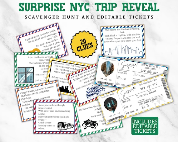 Surprise Trip Reveal to New York City Scavenger Hunt, NYC Personalized Ticket, Editable Boarding Pass, Road Trip Reveal Treasure Hunt Clues