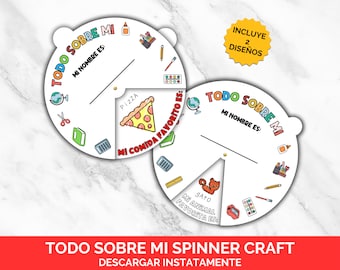 May include: Two printable "All About Me" spinner craft templates. Each template features a colorful design with a circle divided into sections. The sections include prompts like "My Name Is", "My Favorite Food Is", and "My Favorite Animal Is".