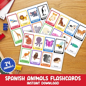 Cartão de memória flash de animais em espanhol e inglês para impressão, cartões de memória flash de animais bilíngues, cartões de memória flash de animais Montessori, cartões de memória flash em espanhol para crianças