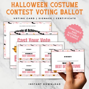 Cédula de concurso de fantasias de Halloween, kit de concurso de fantasias editável, prêmios de melhor fantasia, jogo de festa de Halloween para adultos, cartões de votação para impressão