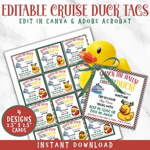 Può includere: Tag di anatra da crociera stampabili a tema natalizio. I tag presentano un'anatra di gomma gialla, una grafica di nave da crociera e il testo "Quack the Halls!". I tag misurano 6,35 cm x 6,35 cm e sono modificabili in Canva e Adobe Acrobat.