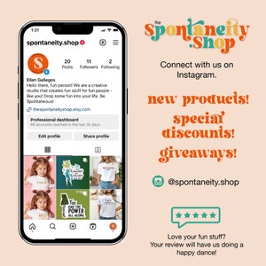 May include: A screenshot of an Instagram profile for a shop called "spontaneity.shop". The profile features a colorful logo with the text "spontaneity.shop" and a description that says "Connect with us on Instagram." The profile also features a call to action to "Love your fun stuff? Your review will have us doing a happy dance!"