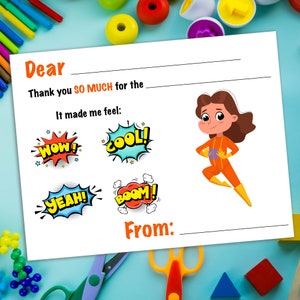 Bedankbriefjes voor kinderen vul de lege bedankkaarten in voor de verjaardag van een superheld-meisje, bedankkaarten voor dankbaarheidskaarten voor briefpapier voor kinderen