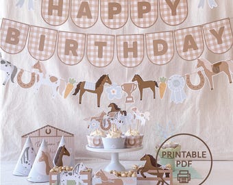 Horse Birthday Decorations Set, Printable Pony Party Decor for Girls & Boys, DIY Equestrian Themed Banner, Hats, Games and More, PDF.