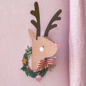 Testa di renna, lavoretti di carta 3D stampabili, decorazioni natalizie fai da te per la casa, attività dell'Avvento per genitori e bambini.