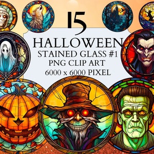 15 Stained Glass Halloween #1 ClipArt | PNG Bundle | Scrapbooking | Printable Art | DIY Halloween Decor | Journaling | Card Making