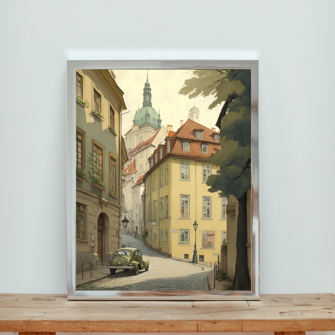 Empty Street in Prague Vintage Wall Art Painting Modern Farmhouse Decor Cottage Wall Decor