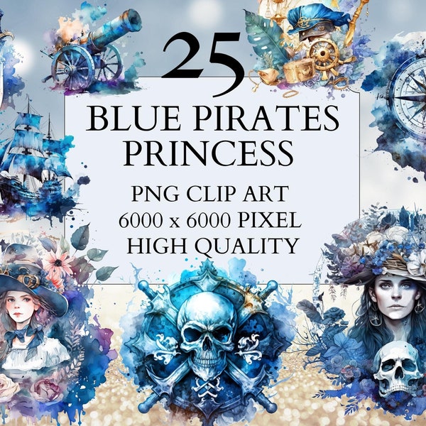 25 Blue Pirate Princess Clipart | PNG | Full Commercial Use | Fantasy Clipart | Pirate Clipart | Watercolor Clipart with Instant Download