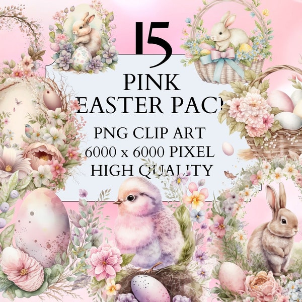 15 Pink Easter Clipart | PNG | Full Commercial Use | Bunny Clipart | Easter Clipart | Watercolor Clipart with Instant Download