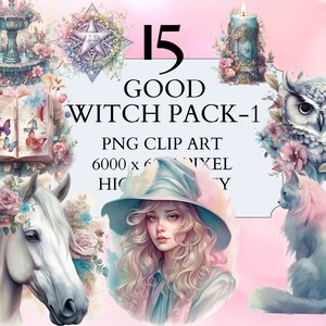 15 Good Witch Pack-01 Clipart | PNG | Volle kommerzielle Nutzung | Fantasy Clipart | Hexe Clipart | Aquarell Clipart mit Instant Download