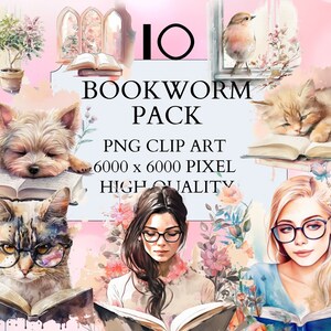 10 Bookworm Pack Clipart | PNG | Full Commercial Use | Favourite Place | Watercolor Clipart | Book Reading | Library Interior Room