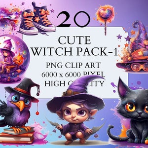 20 かわいい魔女パック #1 クリップアート | PNG | 完全商用利用可能 | 子供向けクリップアート | 魔女クリップアート | かわいい魔女クリップアート | 即時ダウンロード