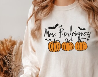 Pumpkin Fall Custom Teacher Shirt Gift Customized Comfort Colors Long Sleeve T-Shirt Gift Educator Shirt Gift Fall Shirt Appreciation Gift