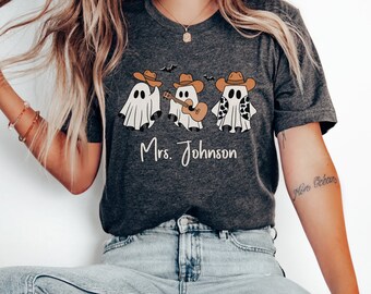 Custom Halloween Teacher Shirt Fall Halloween Shirt Gift Halloween Gifted Tshirt Halloween Gift Cute Ghost Cowboy Shirt Educator Ghost Shirt