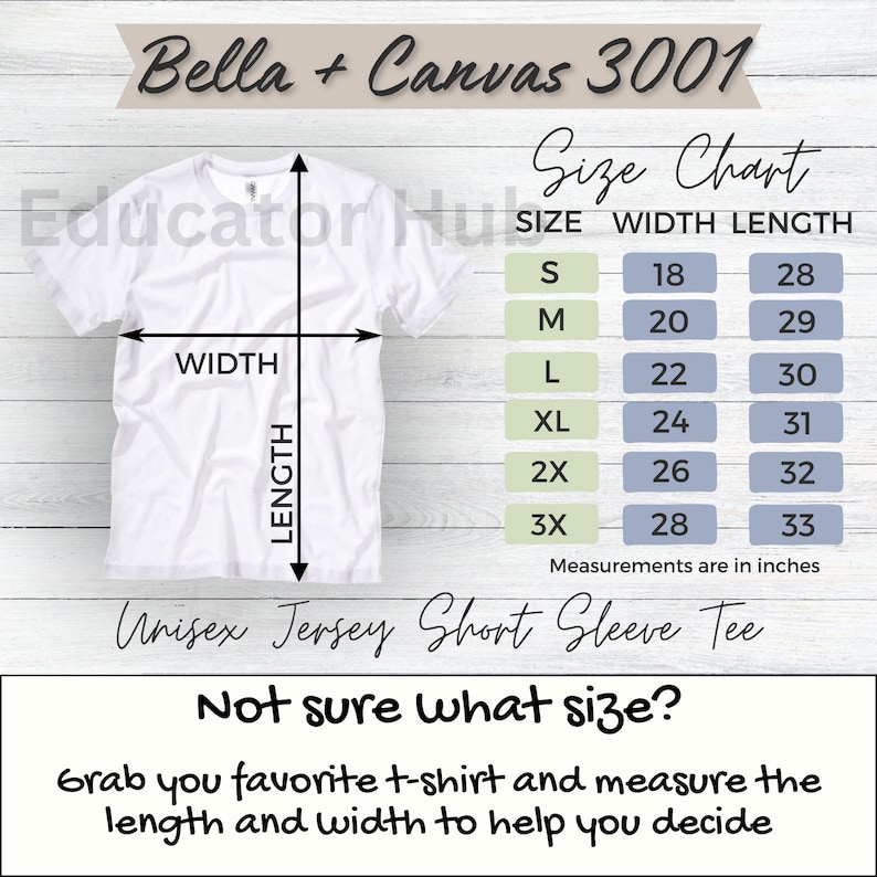 K&ouml;nnte beinhalten: Wei&szlig;es Unisex Jersey Kurzarm-T-Shirt mit Gr&ouml;&szlig;entabelle. Die Tabelle zeigt die Ma&szlig;e in Zoll f&uuml;r die Gr&ouml;&szlig;en S bis 3X. Der Text "Bella + Canvas 3001" steht oben. Der Text "Not sure what size?" ist ebenfalls vorhanden.