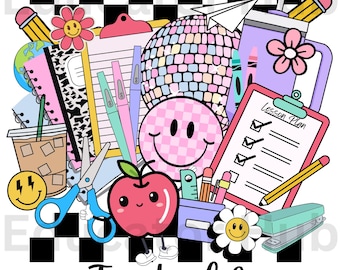 Teacher PNG File Back to School PNG Design Cute Retro Digital Download School Clothes Checkered Designs Teacher Life First Day of School