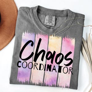 May include: A gray t-shirt with a watercolor design of vertical stripes in shades of pink, purple, and yellow. The text "Chaos Coordinator" is printed in black on the shirt.