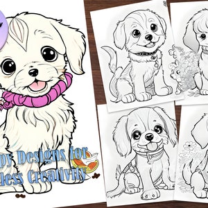 Peut inclure: Cinq pages à colorier en noir et blanc représentant d'adorables chiots. Chaque page présente une pose de chiot différente, certains portant des colliers et d'autres avec des expressions amusantes. Le texte "25 Playful Puppy Designs for Endless Creativity!" est en haut de la page.