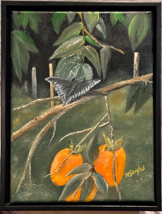 Butterfly and Persimmons by Artist W C Douglas - 9x12 oil on stretched canvas