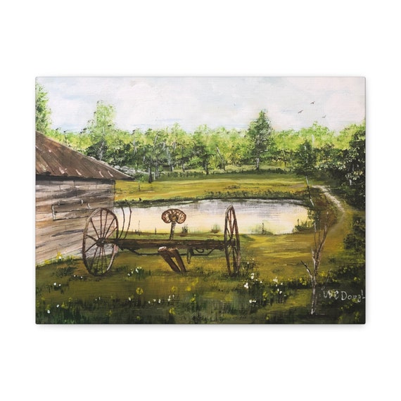 The Hayrake and the Pond by W C Douglas - Stretched Canvas Gallery Wraps