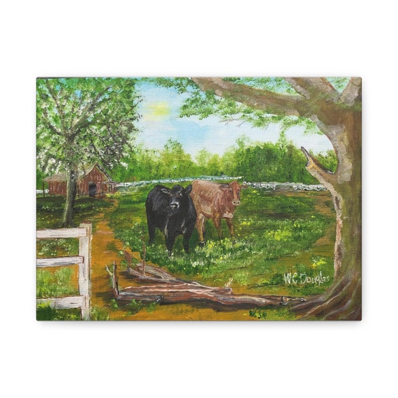 Two Cows and a Dilemma" by W C Douglas - Matte Canvas, Stretched, 1.25"