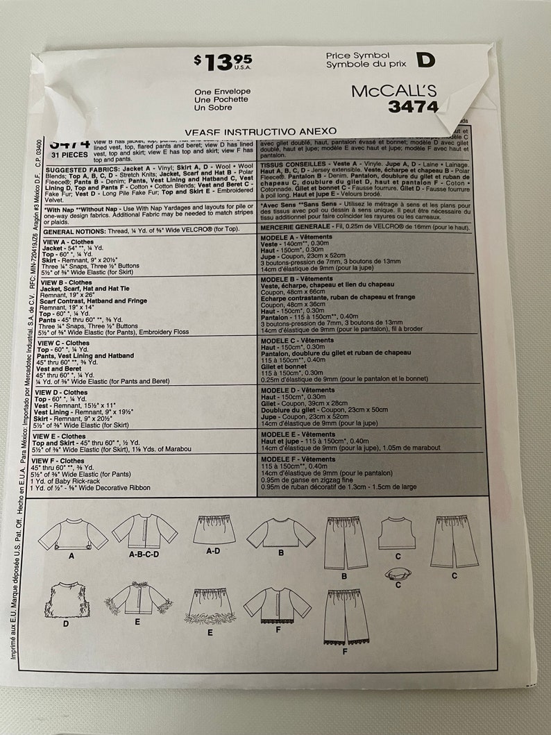 McCall's Crafts 3474 18 Doll Clothes UNCUT 2001 image 2