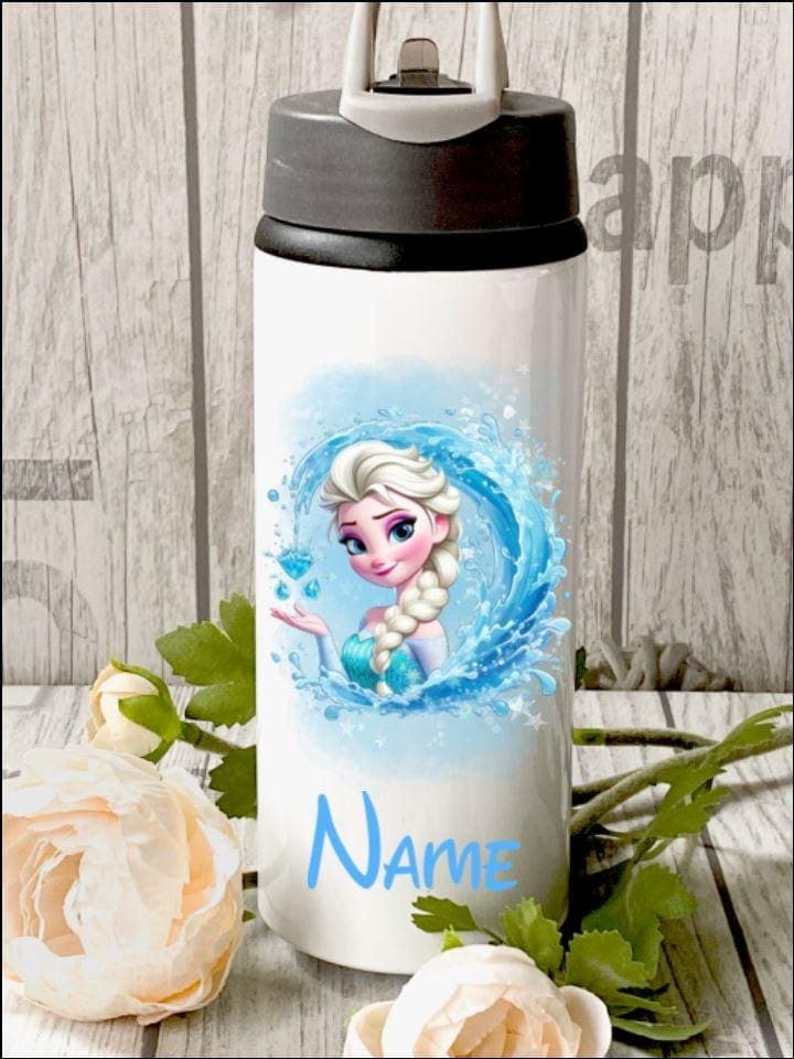 Gefrorene Elsa inspirierte personalisierte Wasserflasche blau oder rosa