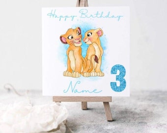 Biglietto d'auguri personalizzato ispirato a Simba e Nala Lion King con qualsiasi nome ed età