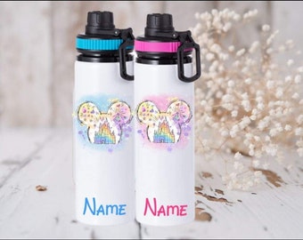Minnie Mickey castle Personalised water bottle blue or pink
