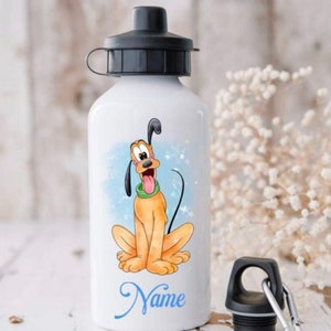 May include: White water bottle featuring a cartoon image of Pluto, a dog character from Disney, with a blue background and the word "Name" printed on the bottom.