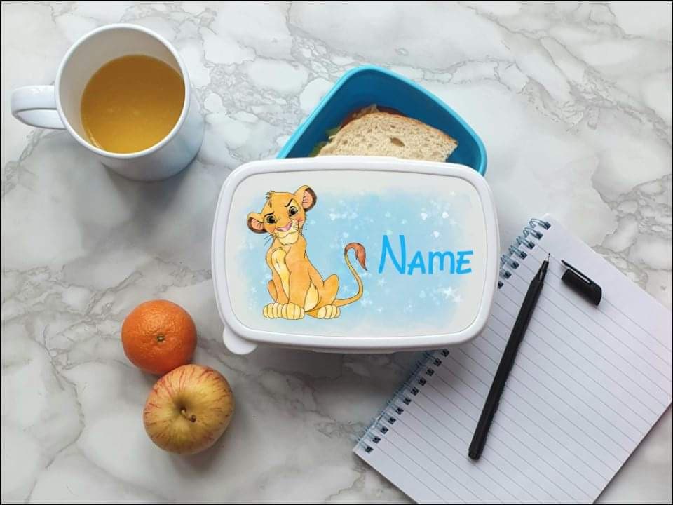 Lion king simba personalised lunch box in white blue or pink