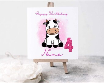 Cute cow inspired Personalised Birthday card with any name and age