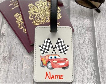Personalised lightening McQueen cars inspired luggage tag name tag with any name added