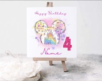 Minnie Mickey Mouse castle inspired Personalised Birthday card with any name and age