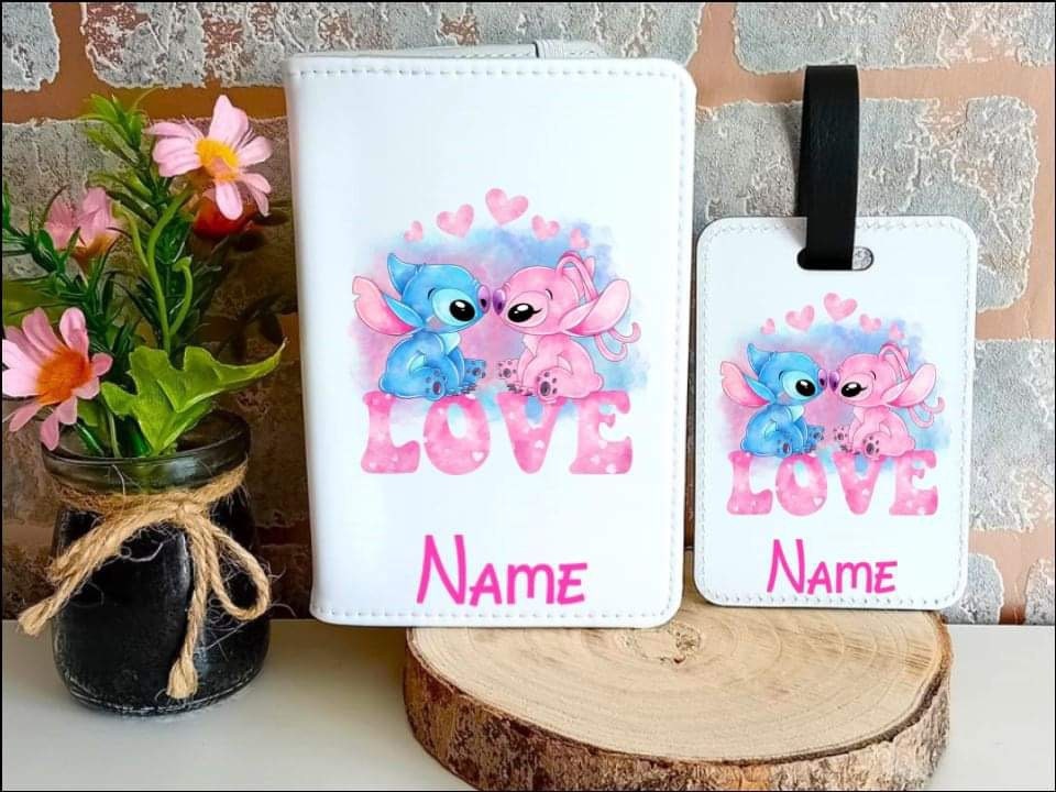 Stitch and angel  Personalised passport cover and luggage tag set
