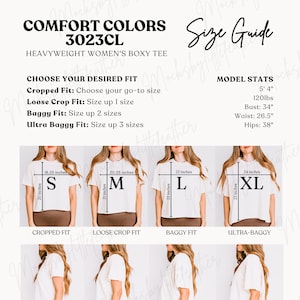 Comfort Colors 3023CL Größentabelle, Comfort Colors Größentabelle, 3023CL Vergleichstabelle, Boxy T-Shirt Mockup Größenvergleich
