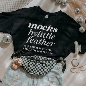 Black Gildan 5000 T-shirt Mockup | G5000 Shirt Mock-Up | G500 Folded Flat Lay | Real Model Mock Up | Trendy Oversized Lifestyle Aesthetic