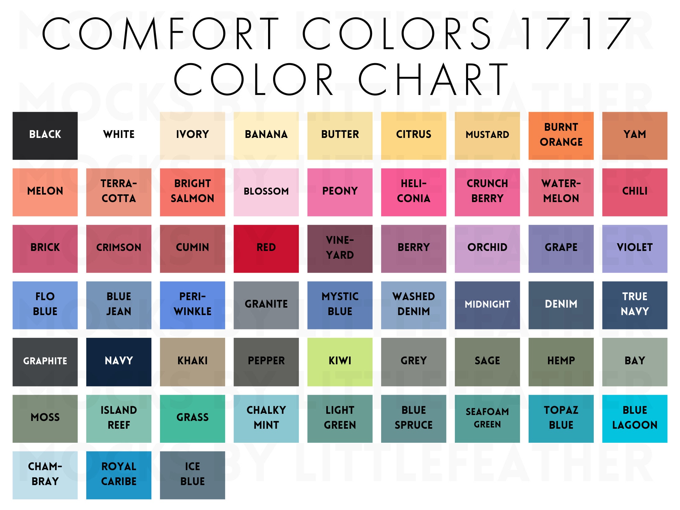 Comfort Colors 1717 Color Chart Print on Demand and Sublimation Assets  Unisex T Shirt Color Chart Printify Color Chart Swiftpod 