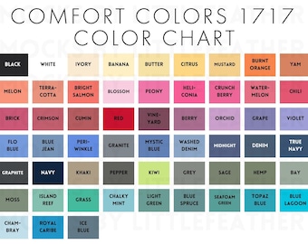 May include: A Comfort Colors 1717 colour chart featuring a grid of 56 rectangular swatches in various shades. Each swatch is labelled with its corresponding colour name, including black, white, ivory, banana, butter, citrus, mustard, burnt orange, yam, melon, terracotta, bright salmon, blossom, peony, heliconia, crunch berry, watermelon, chili, brick, crimson, cumin, red, vineyard, berry, orchid, grape, violet, flo blue, blue jean, periwinkle, granite, mystic blue, washed denim, midnight, denim, true navy, graphite, navy, khaki, pepper, kiwi, grey, sage, hemp, bay, moss, island reef, grass, chalky mint, light green, blue spruce, seafoam green, topaz blue, blue lagoon, chambray, royal caribe, and ice blue.