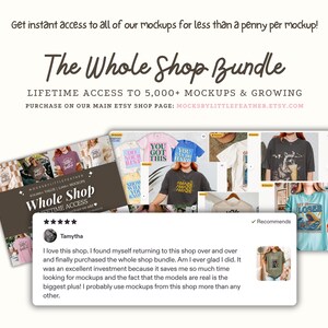 The image is a promotional image for a shop bundle that offers lifetime access to 5,000+ mockups and growing models. It features a collage of various t-shirt designs and a review from a user named Tamytho, who loves the shop and has purchased the whole shop bundle. The image also includes a price tag of $1000 for the bundle and a website address for purchasing the bundle on the main Etsy shop page.