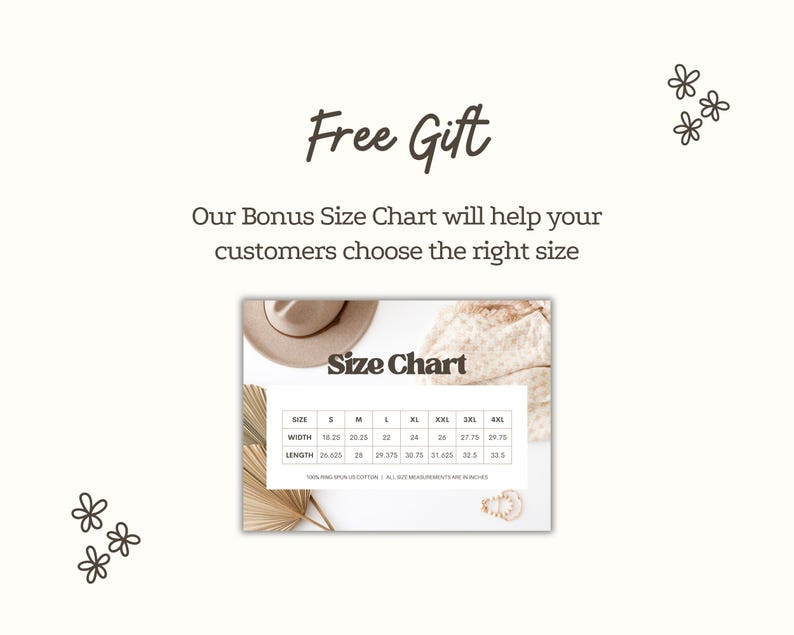 The image is a promotional graphic for a free size chart, which is designed to help customers choose the right size by providing a visual guide.