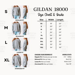 Gildan 18000 サイズガイド | G180 サイズ比較表 | G18000 クルーネックスウェットシャツ サイズ表 | POD モックアップ サイズアセット | Trendy Real Human