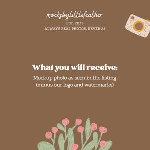 The image is a mockup of a listing for a photography service, featuring a camera and a plant illustration. The text provides information about the mockup photo and the company's logo and watermarks.