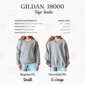 Gildan 18000 サイズガイド | G180 サイズ比較表 | G18000 クルーネック スウェットシャツ サイズ表 | POD モックアップ サイズ アセット | Trendy Real Human