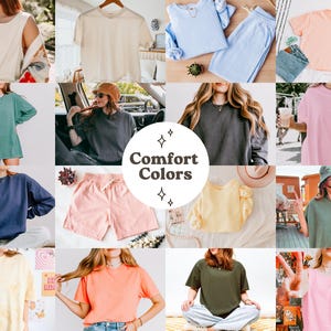 Puede incluir: Un collage de varias prendas de vestir de colores confortables. La imagen presenta camisetas, sudaderas y pantalones cortos en una variedad de colores, incluyendo azul claro, rosa, verde y amarillo. El texto "Comfort Colors" est&aacute; en el centro de la imagen.