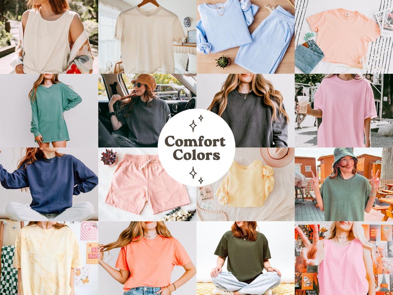 Puede incluir: Un collage de varias prendas de vestir de colores confortables. La imagen presenta camisetas, sudaderas y pantalones cortos en una variedad de colores, incluyendo azul claro, rosa, verde y amarillo. El texto "Comfort Colors" est&aacute; en el centro de la imagen.